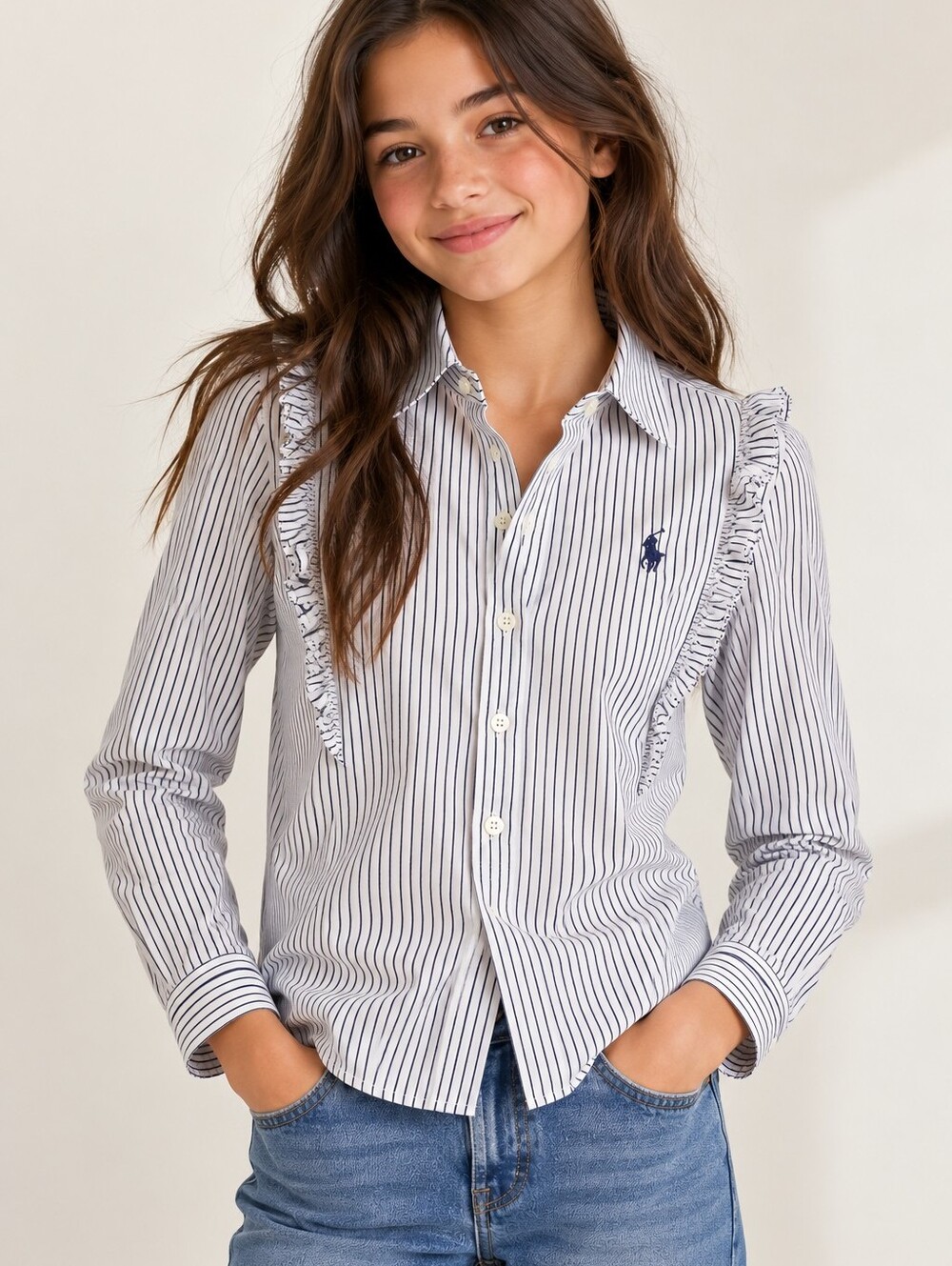 Polo Ralph Lauren Girls Size 14 Ruffle Shirt White Navy Stripe Cotton Preppy